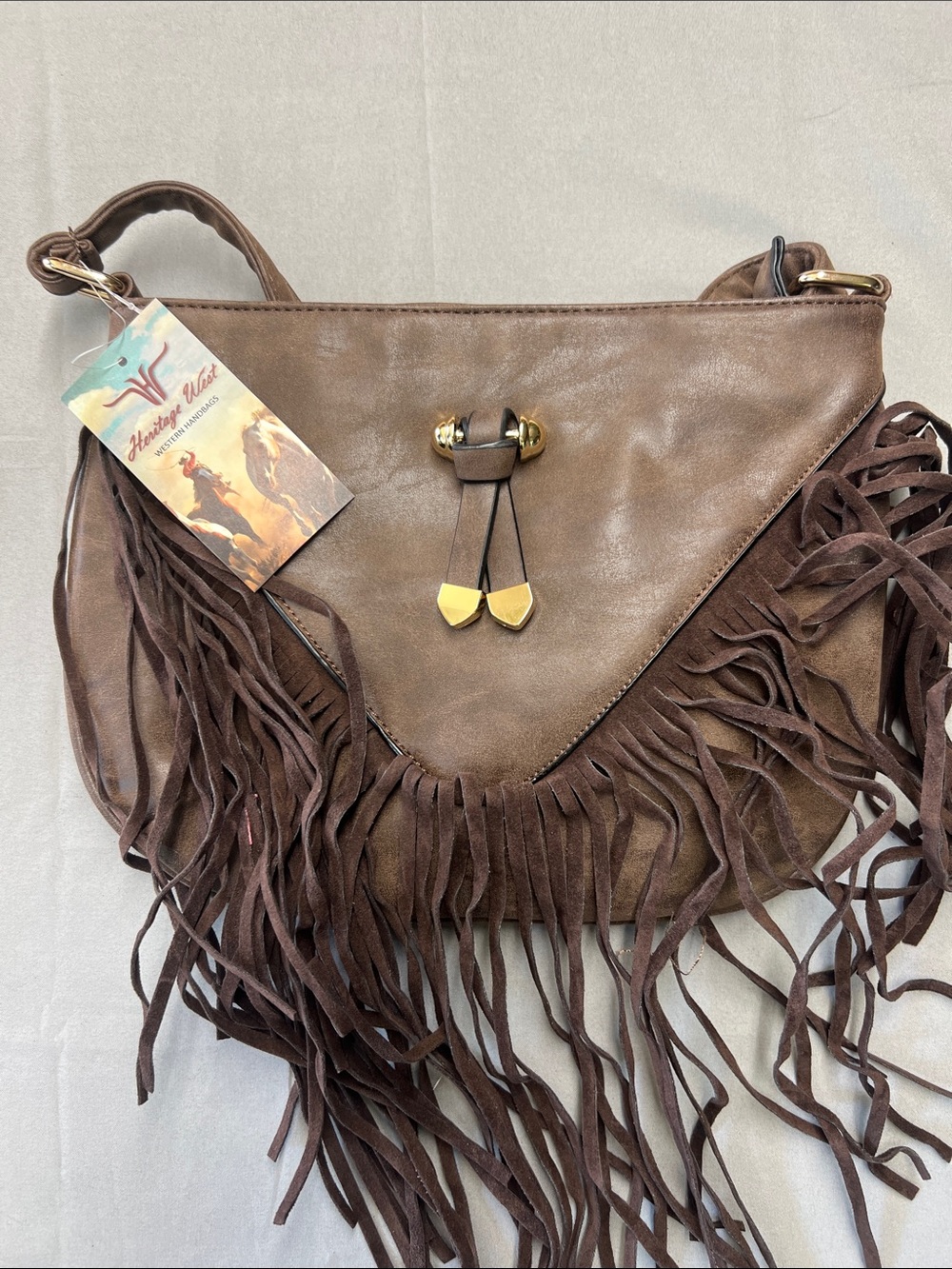 Heritage Brown Suede Fringe Shoulder Bag with Gold Accents